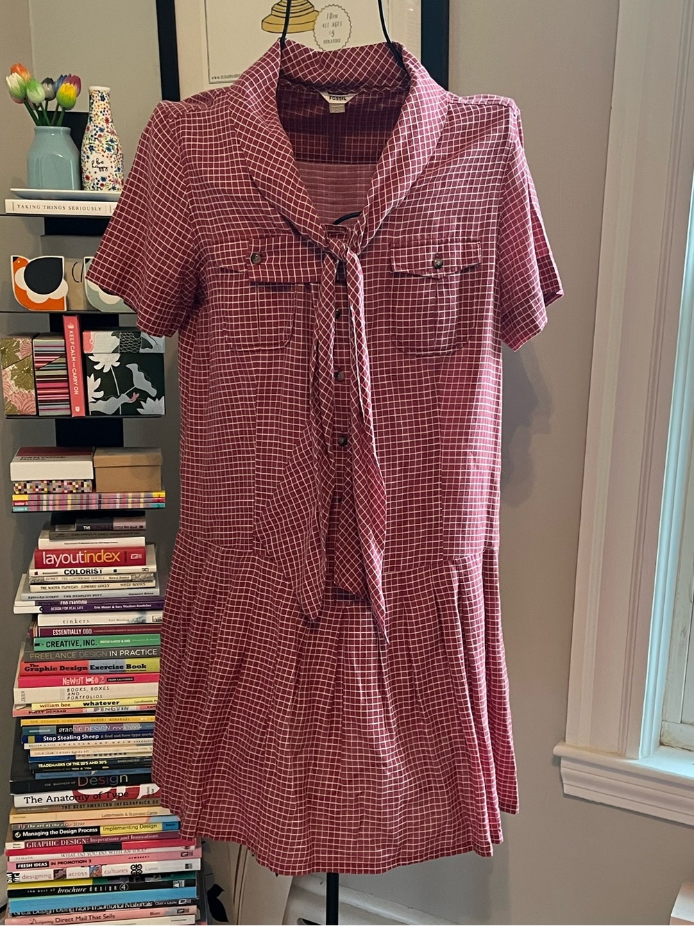 Fossil Red Grid Short-Sleeve Tie-Neck Dress